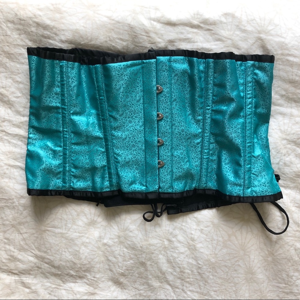 Steel boned brocade corset, turquoise, 32 in